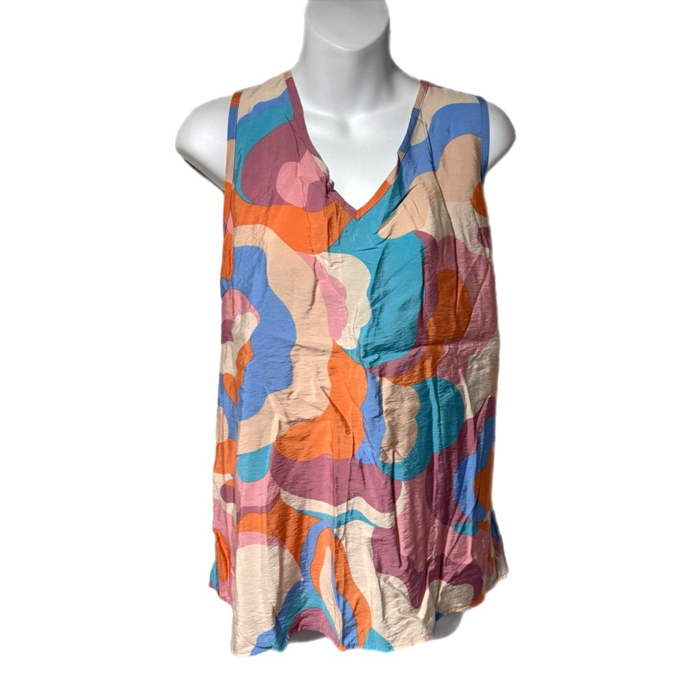 Like Love Retro Mod Abstract Print Sleeveless Blouse Tank Top Large Boho Pink